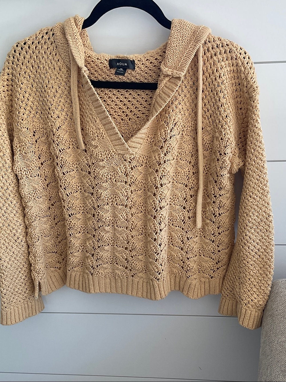 Aqua V-Neck Hooded Knit Sweater in Beige